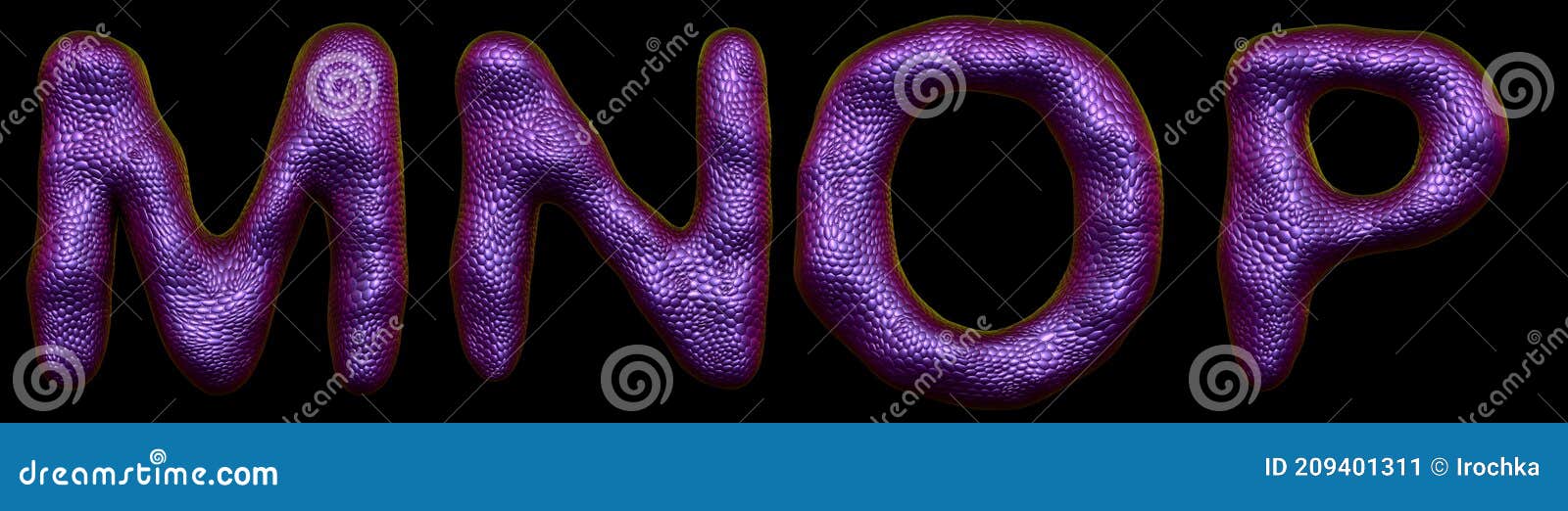 set of letters m, n, o, p made of realistic 3d render natural purple snake skin texture.