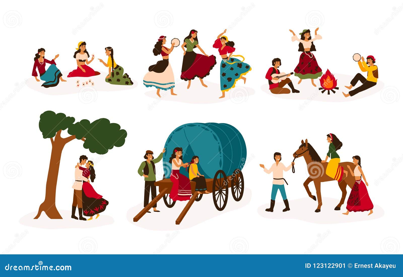 set of lifestyle scenes with gypsies or romani people performing various activities - riding horse, playing guitar and