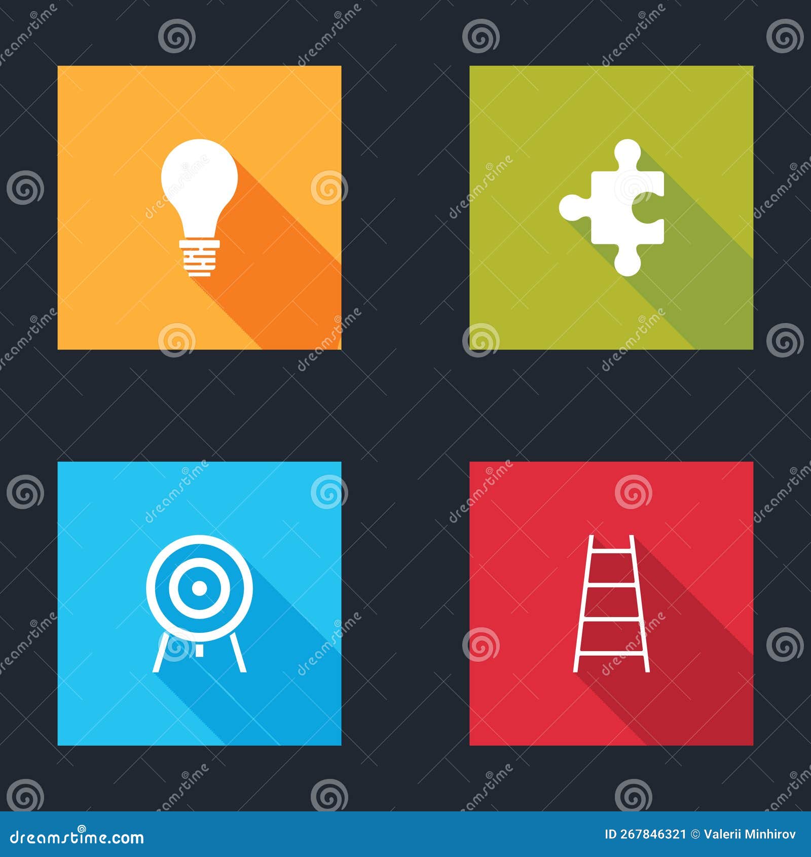 Set Light Bulb with Concept of Idea, Piece Puzzle, Target and Stair