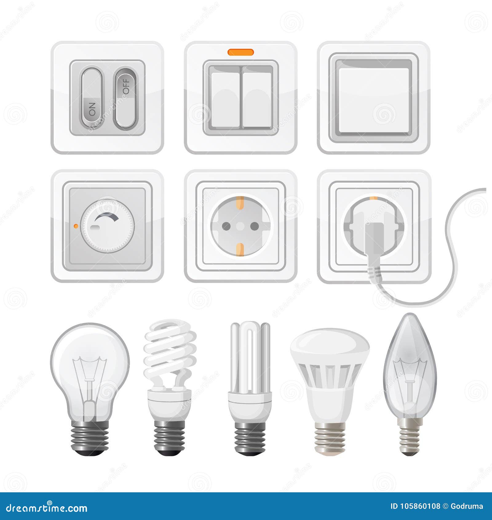 set of light saving bulbs, electric switches, plastic dimmers