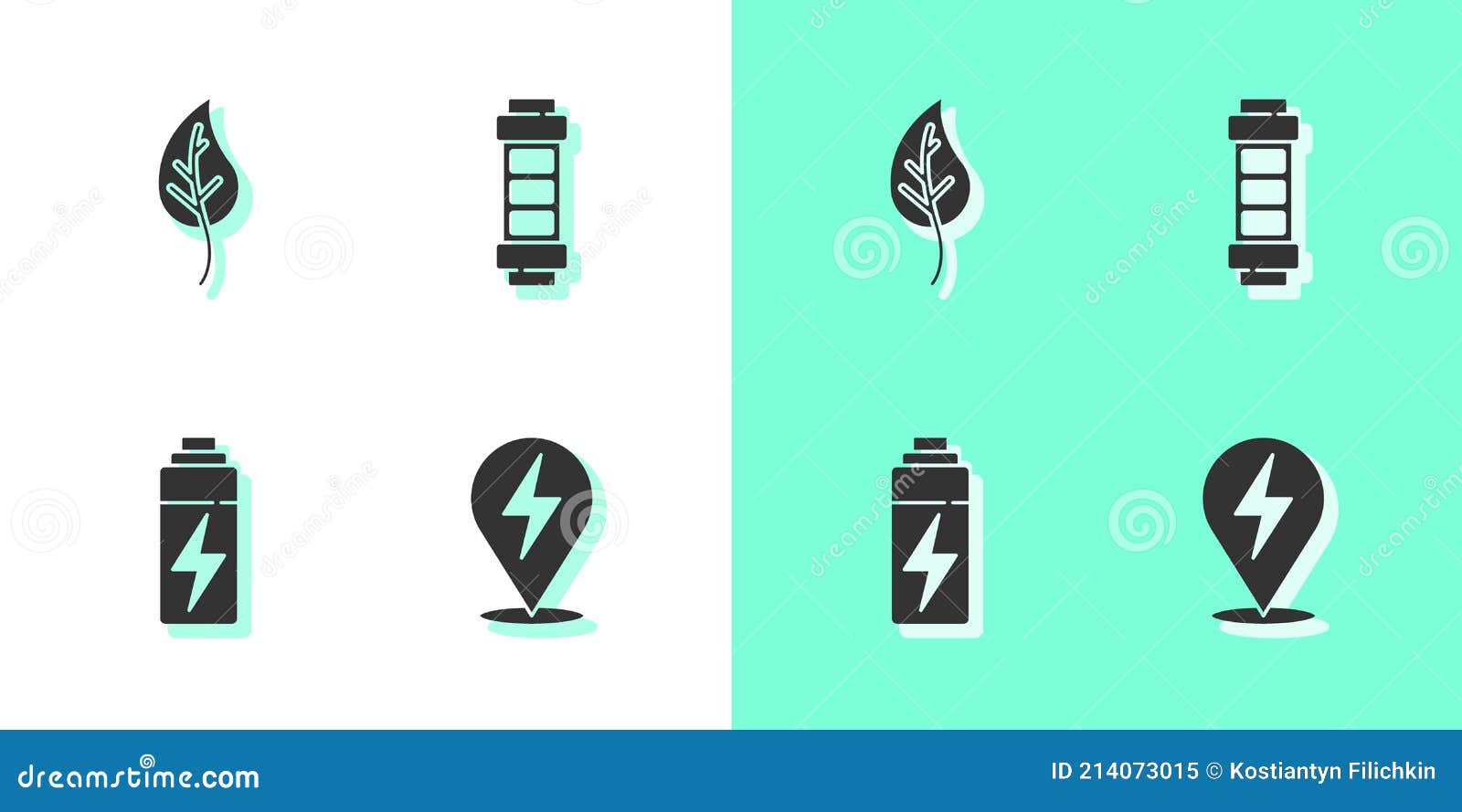 Set Lightning Bolt, Leaf or Leaves, Battery and Icon. Vector Stock