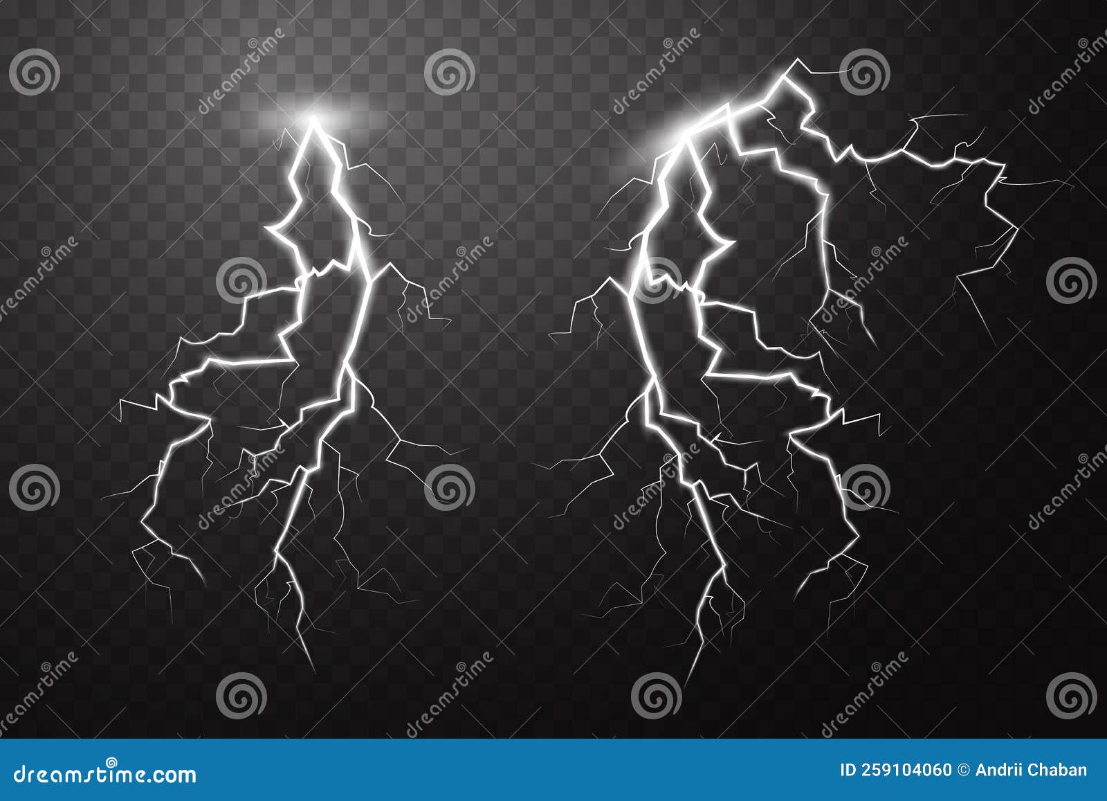 Set of Lightning Magical and Bright Light Effect. Thunderstorm with