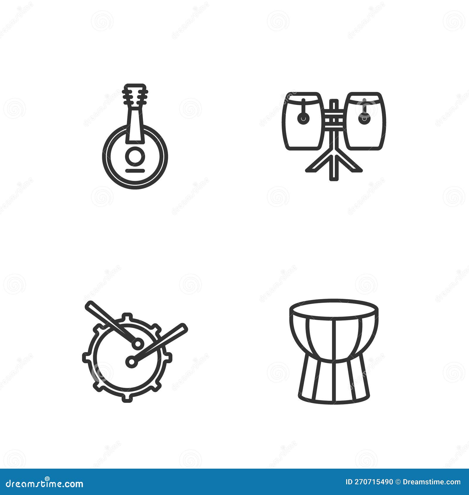 Set Line African Darbuka Drum, Drum with Sticks, Banjo and Conga Drums