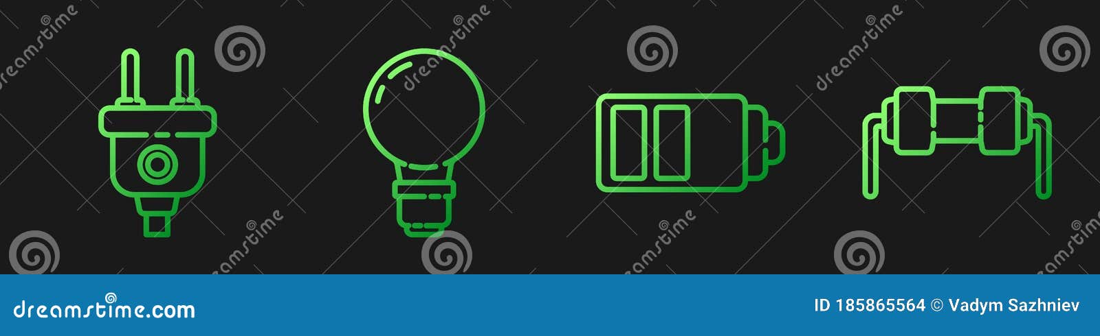 set line battery charge level indicator, electric plug, light bulb with concept of idea and resistor electricity