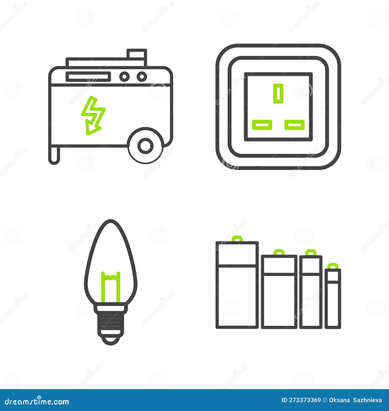 Set Line Battery, Light Bulb, Electrical Outlet and Portable Power Electric  Generator Icon. Vector Stock Illustration - Illustration of line, electric:  273373369