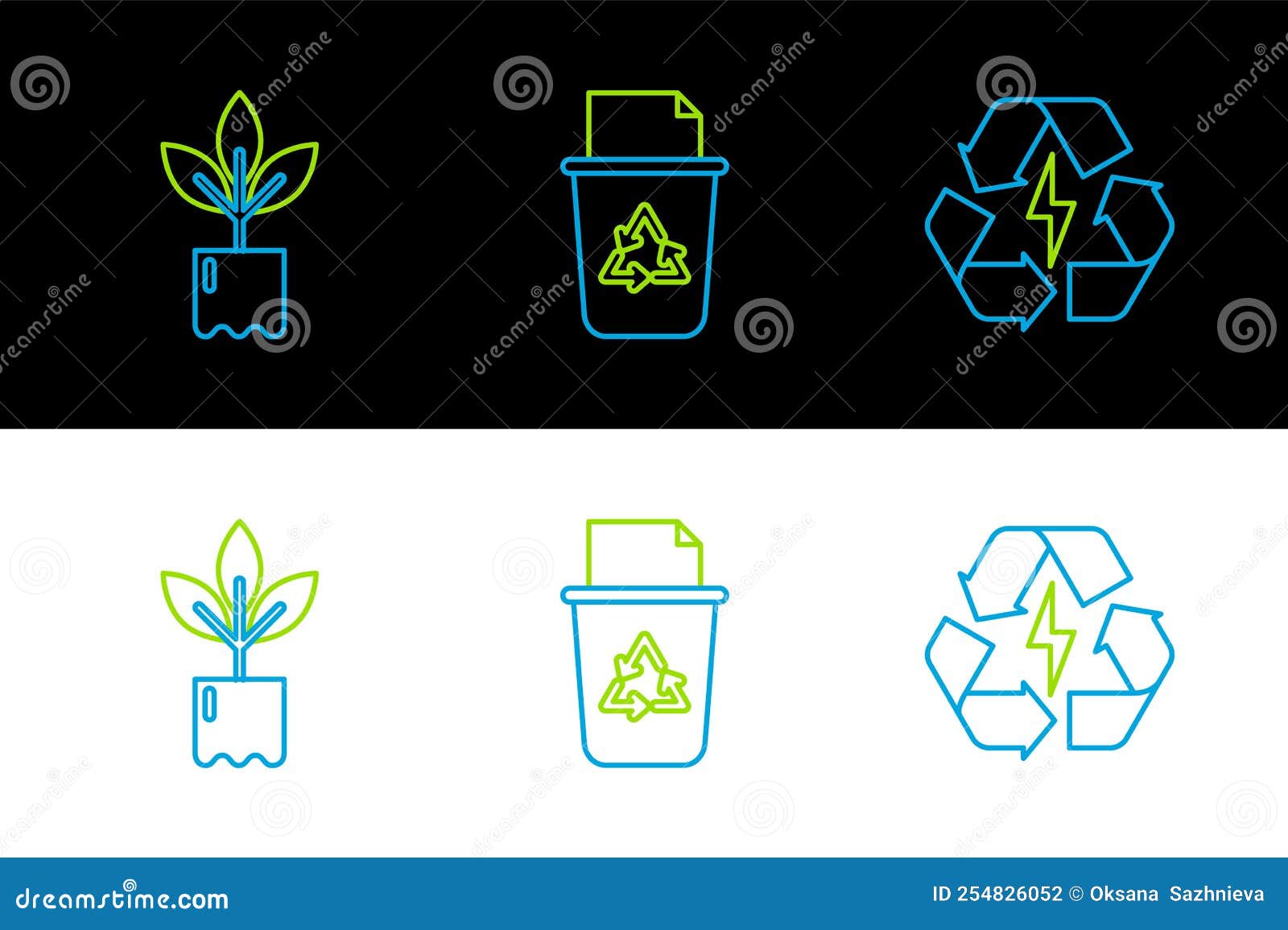 Set Line Battery with Recycle Symbol, Plant in Bottle and Recycle Bin ...