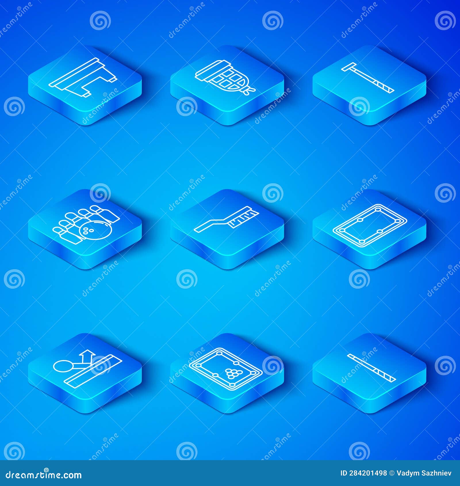 Set Line Billiard Ball, Pool Table Brush, Cue, Bowling Pin and, and