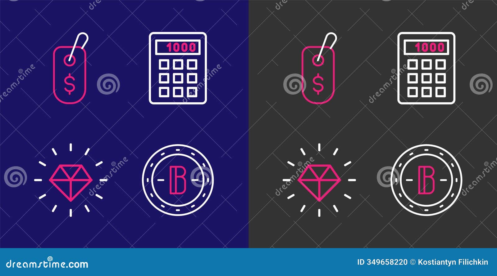Set Line Bitcoin, Diamond, Calculator and Price Tag with Dollar Icon.  Vector Stock Illustration - Illustration of crystal, cryptocurrency:  349658220
