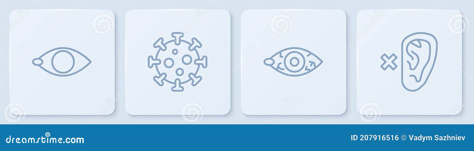 set line blindness, reddish eye, virus and deaf. white square button. 