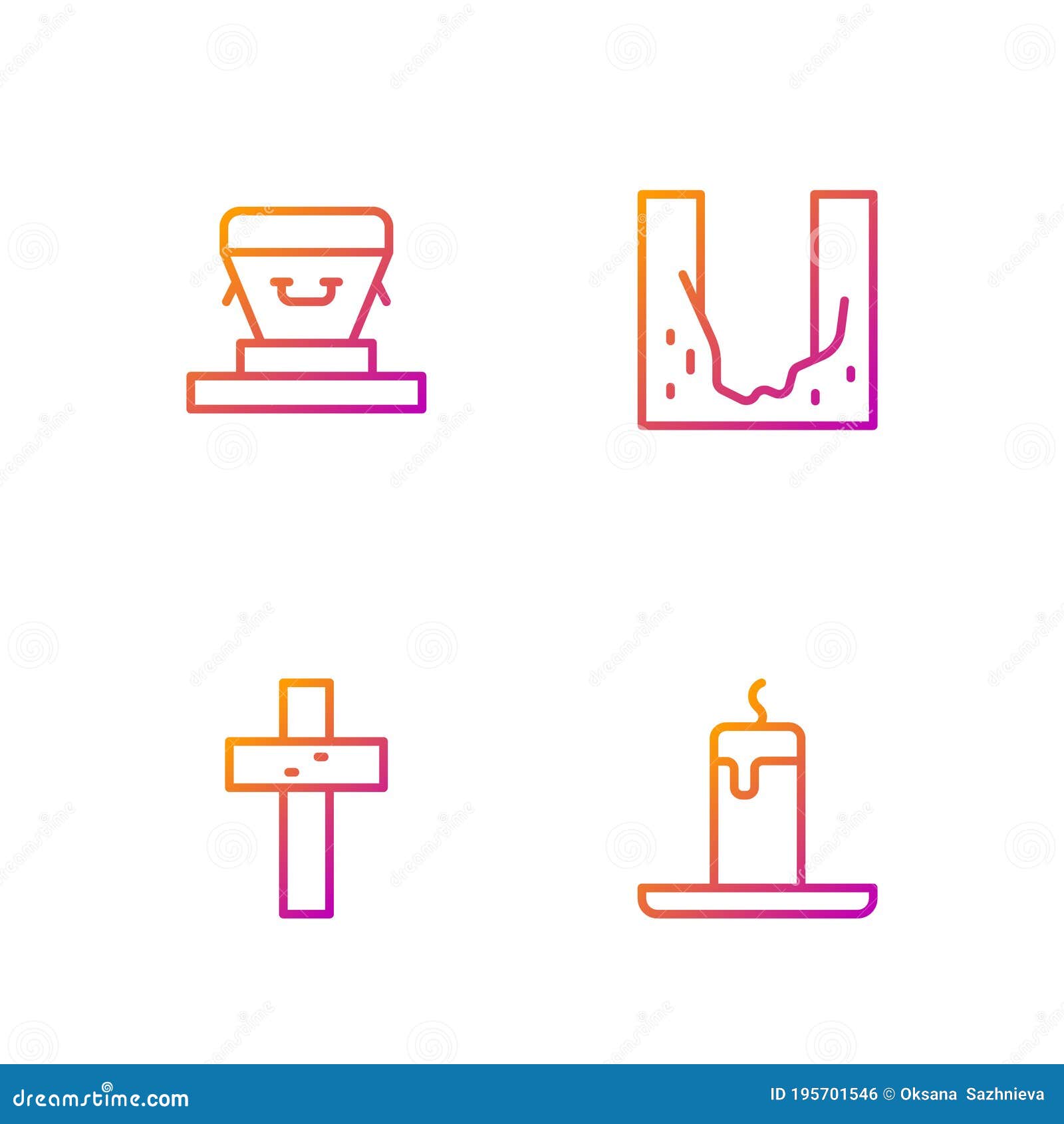 set line burning candle, christian cross, coffin and cemetery digged grave hole. gradient color icons. 