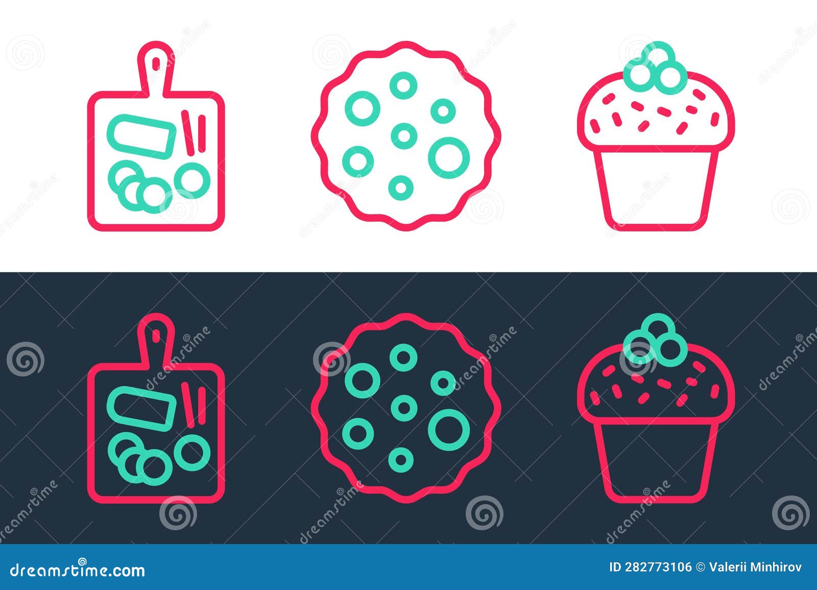 set line cake, cutting board and cookie or biscuit icon. 