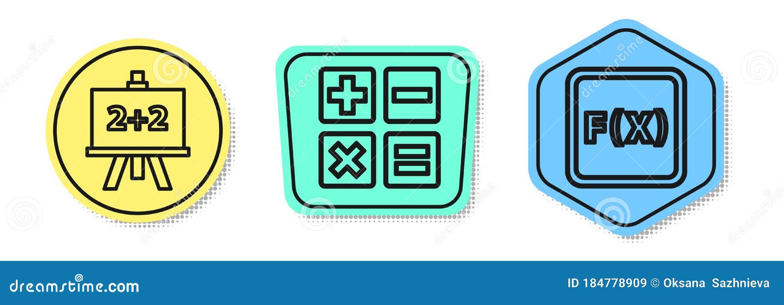Set Line Calculator, Feather and Inkwell and Equation Solution. Colored Shapes. Vector. Stock
