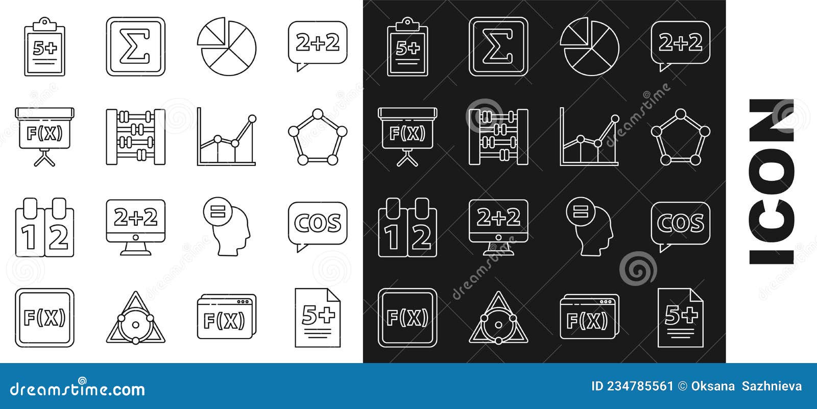 Set Line Calculator, Tablet with Calculator, Geometric Figure Sphere, Abacus, Graph, Schedule