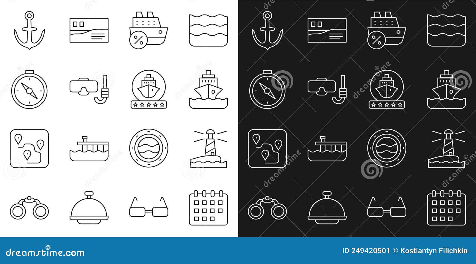 set line calendar, lighthouse, cruise ship, diving mask and snorkel, compass, anchor and icon. 