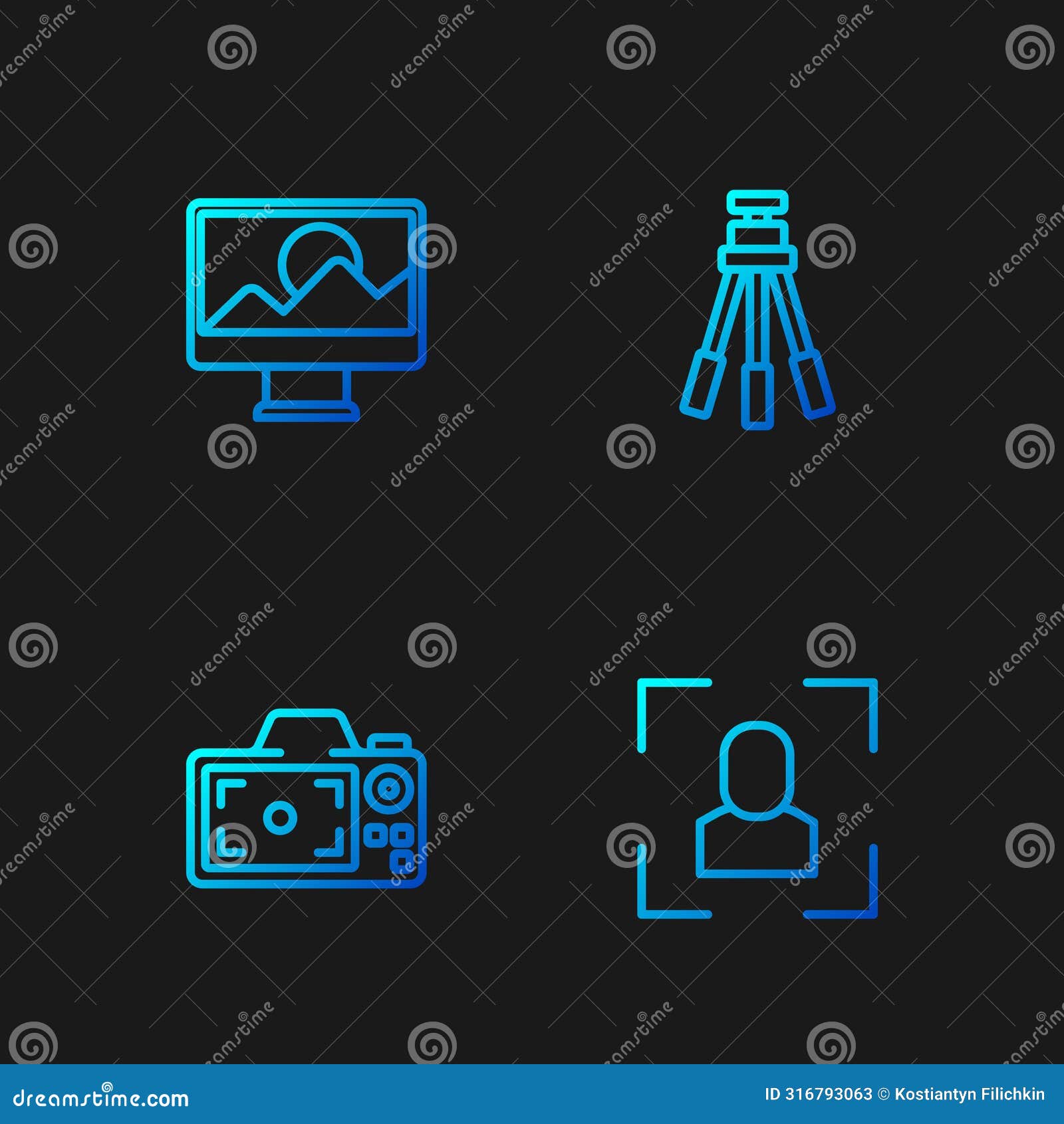 set line camera focus frame line, photo camera, retouching and tripod. gradient color icons. 