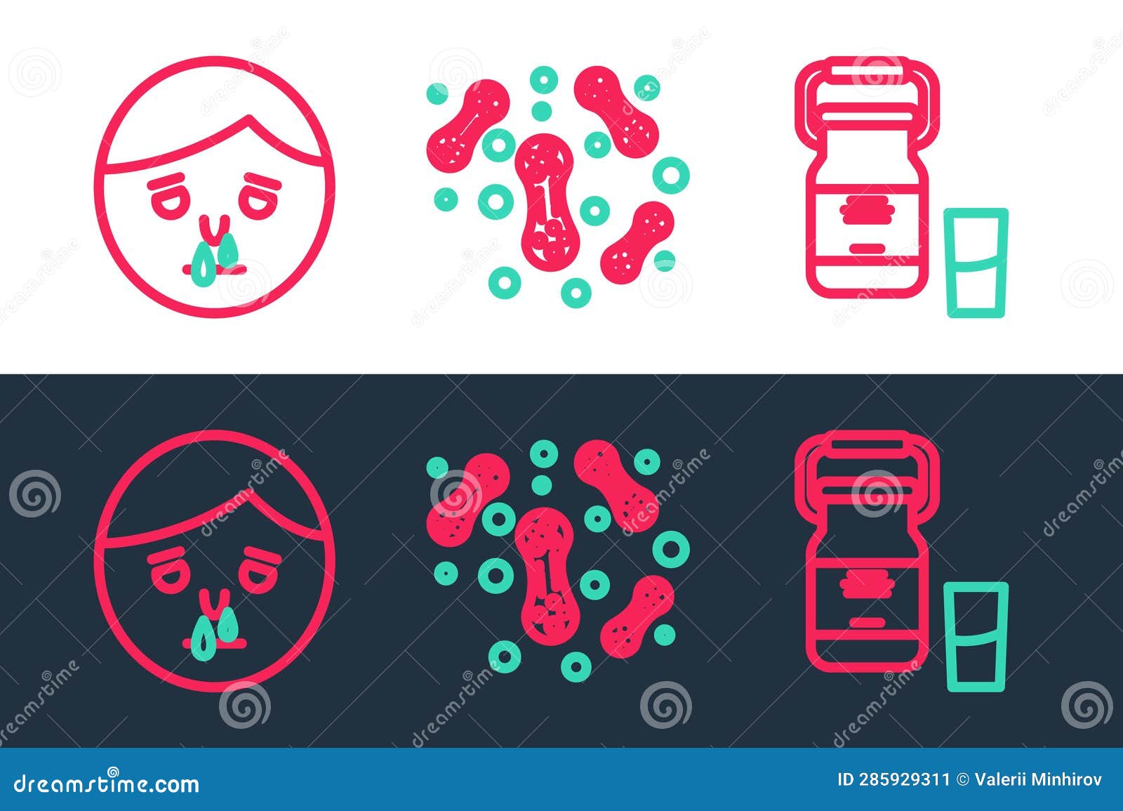 Set Line Can Container for Milk, Runny Nose and Bacteria Icon. Vector