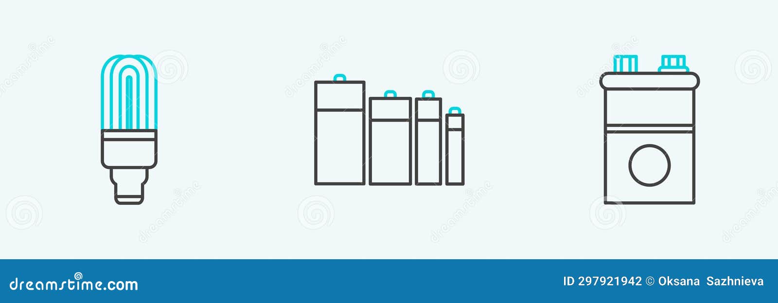 Set Line Car Battery, LED Light Bulb and Battery Icon. Vector Stock