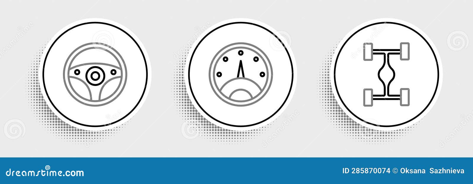 Set Line Chassis Car, Steering Wheel and Speedometer Icon. Vector Stock