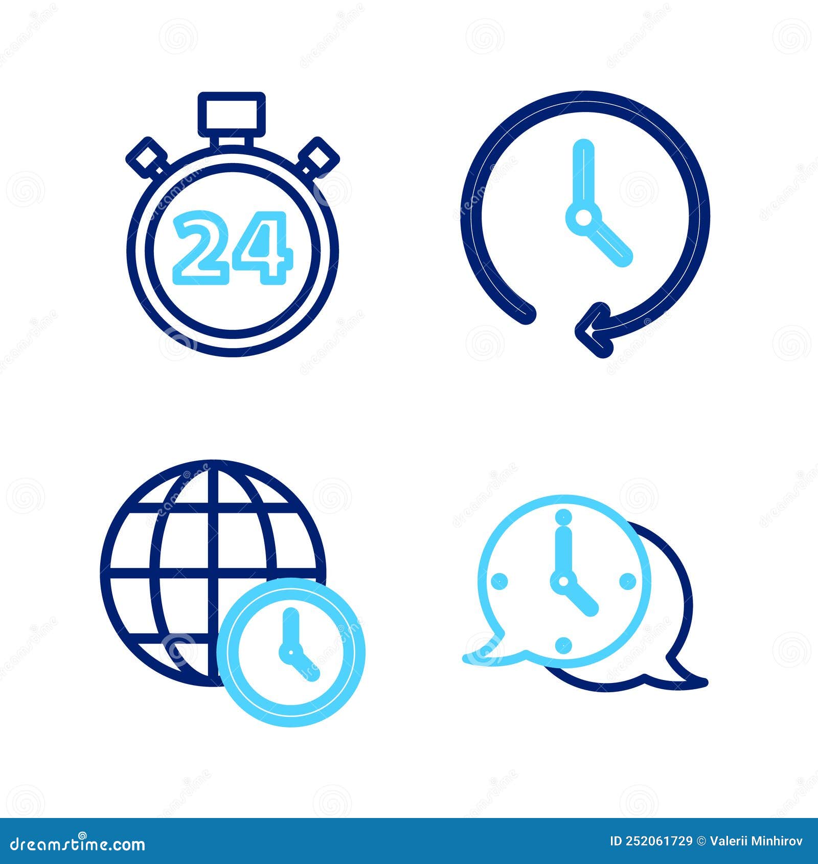 Set Line Clock Speech Bubble World Time Y Stopwatch Icono 24 Horas