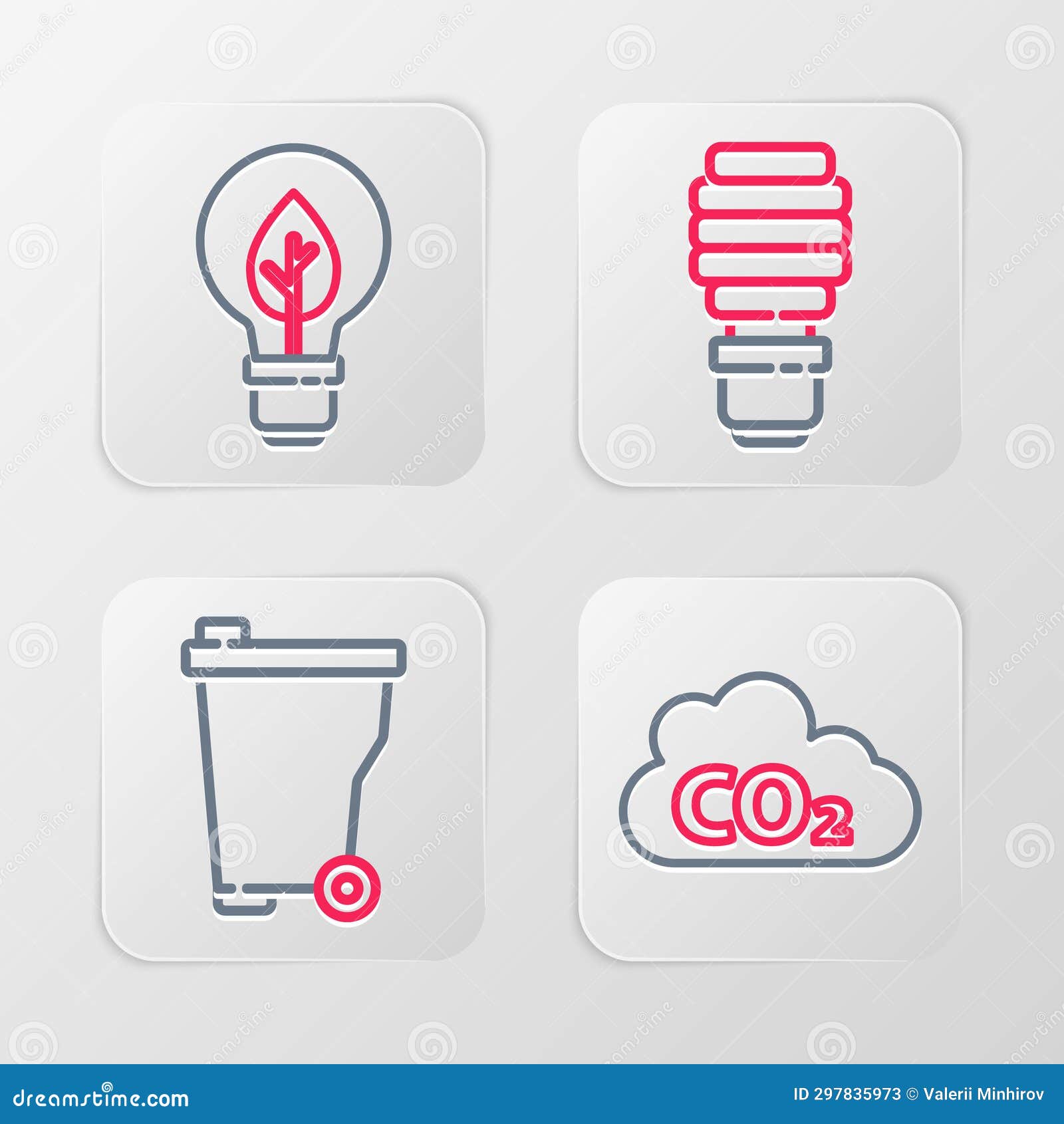 Set Line CO2 Emissions in Cloud, Trash Can, LED Light Bulb and Light