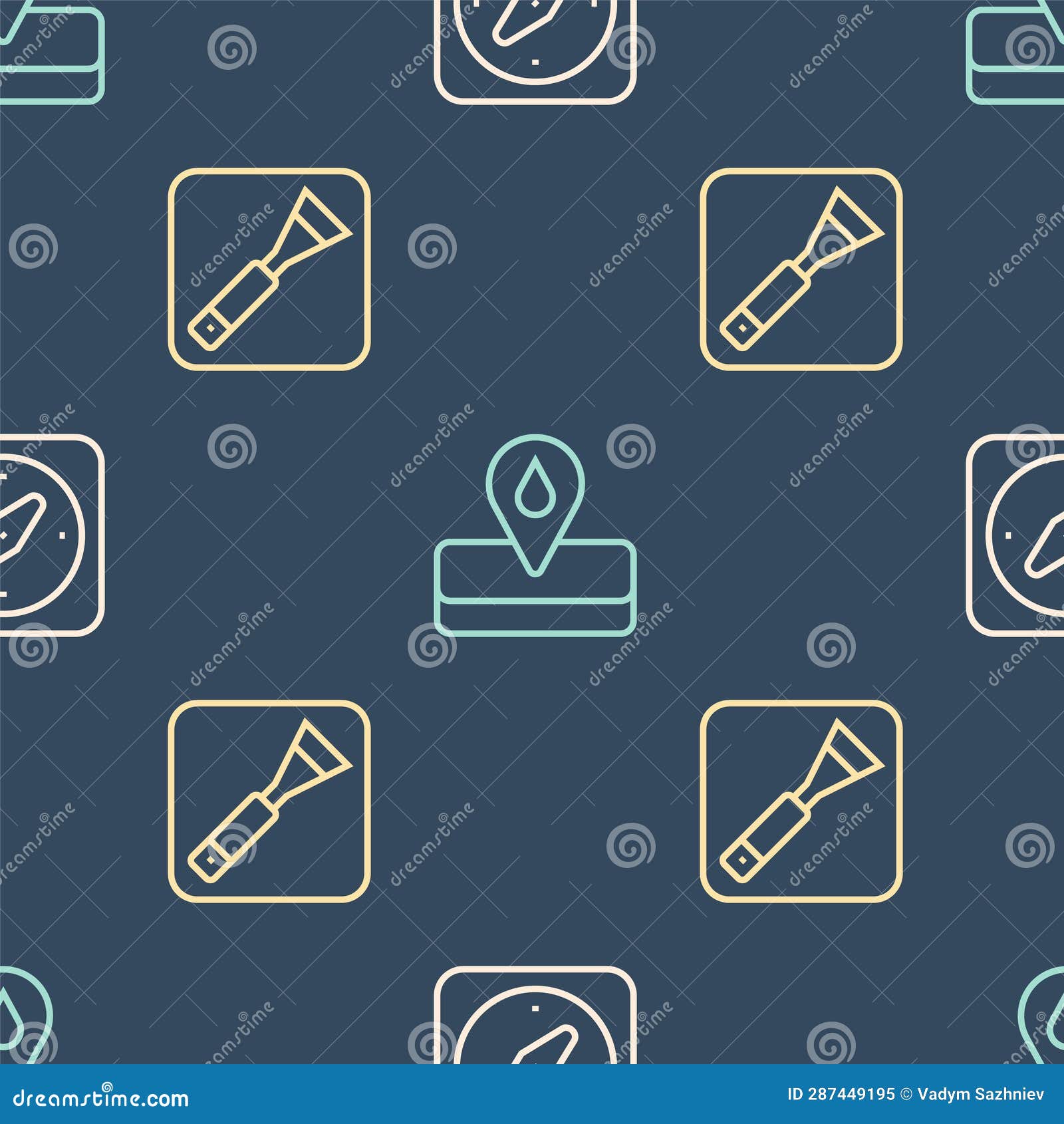 Set Line Compass, Paint Brush and Oilfield on Seamless Pattern. Vector