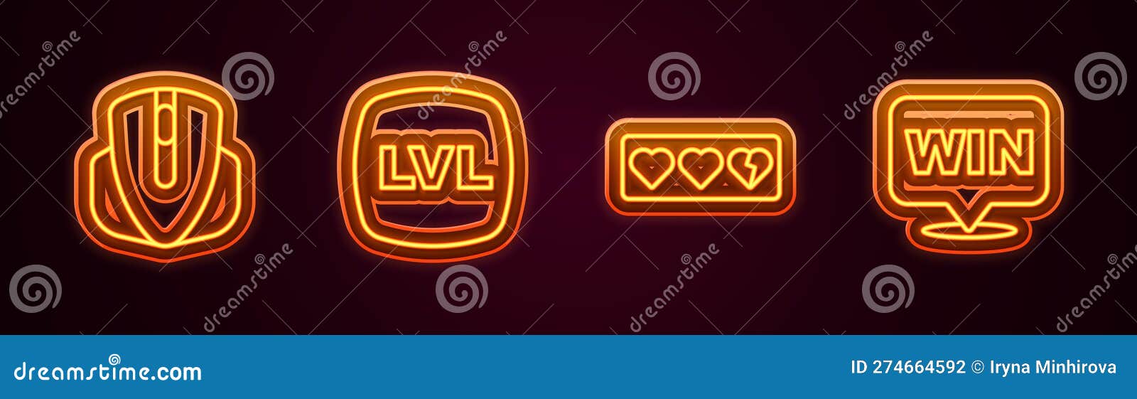 set line computer mouse, level game, game life bar and medal. glowing neon icon. 