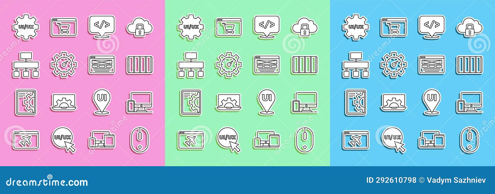 Set Line Computer Mouse, Monitor and Mobile, Color Palette Guide, Front