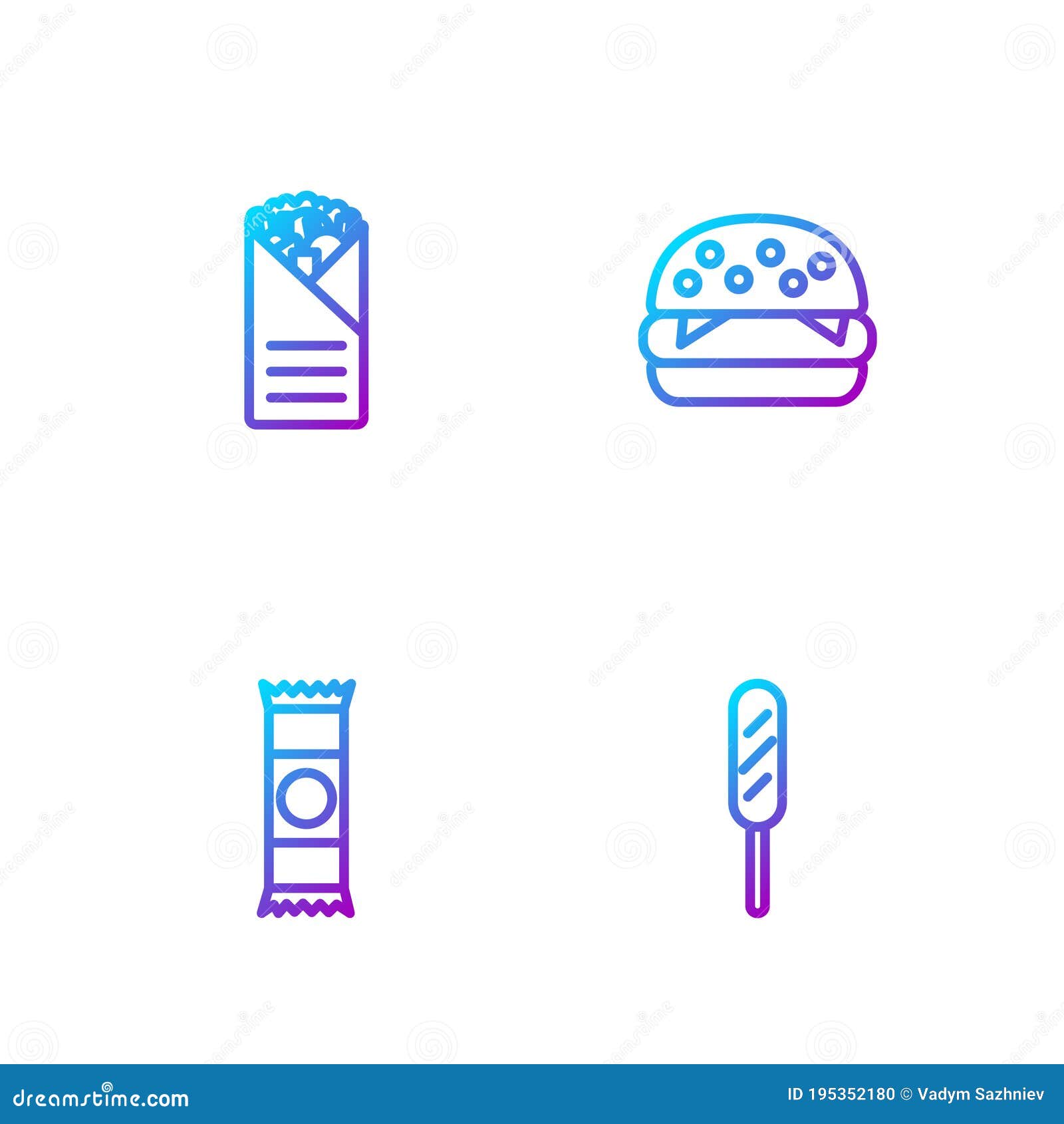 set line corn dog, chocolate bar, doner kebab and burger. gradient color icons. 