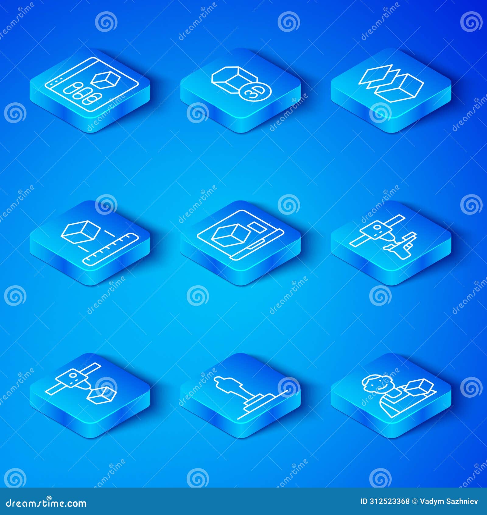 set line 3d printer cube, model, gun, layers, isometric, and graphic er icon. 