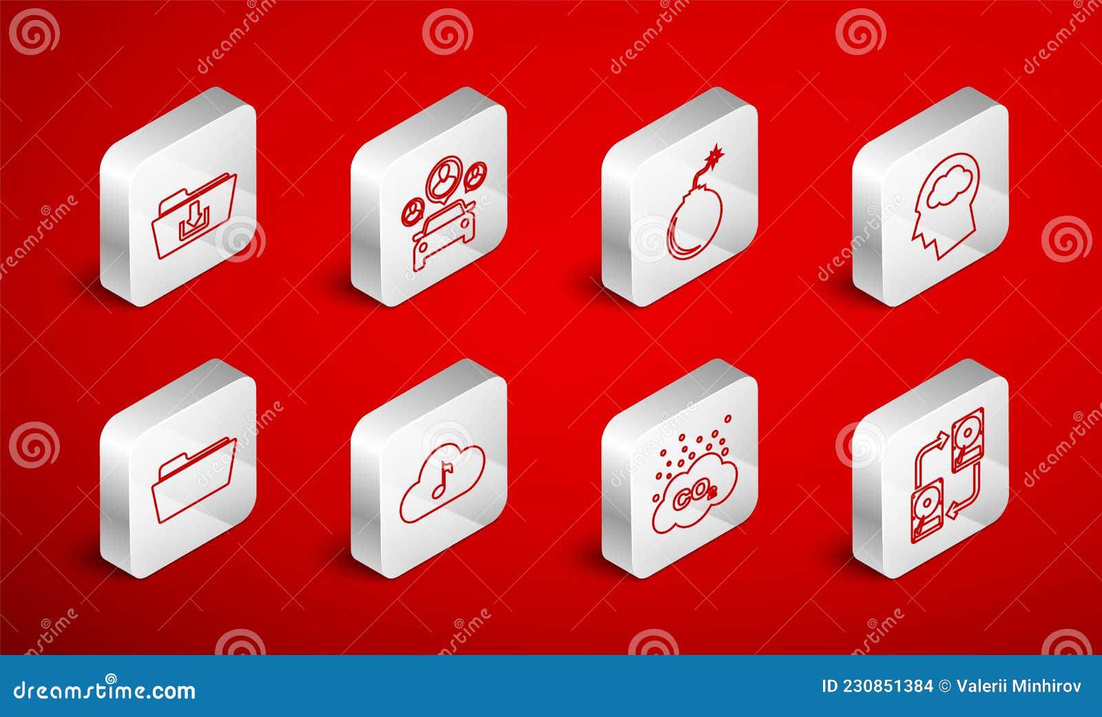 set line data exchange with hhd, car sharing, bomb ready to explode, head silhouette cloud, co2 emissions, folder