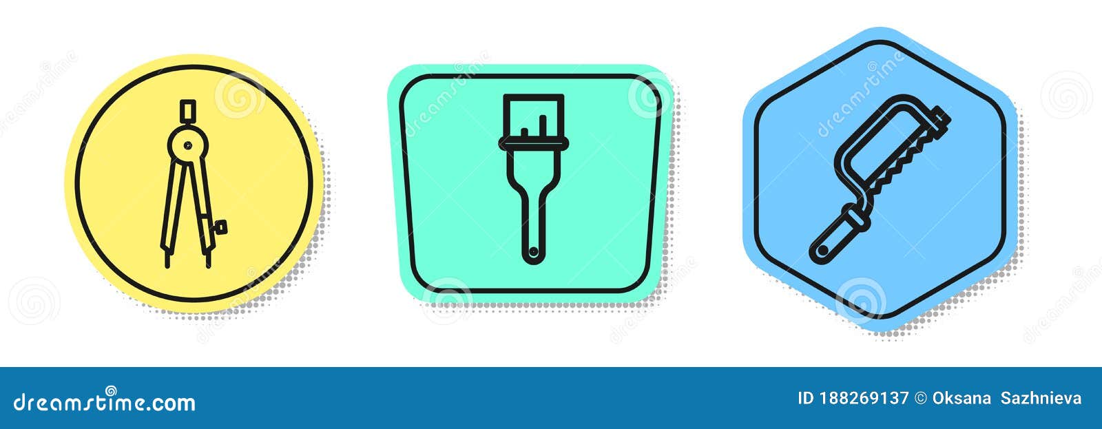 Set Line Drawing Compass, Paint Brush and Hacksaw. Colored Shapes Stock