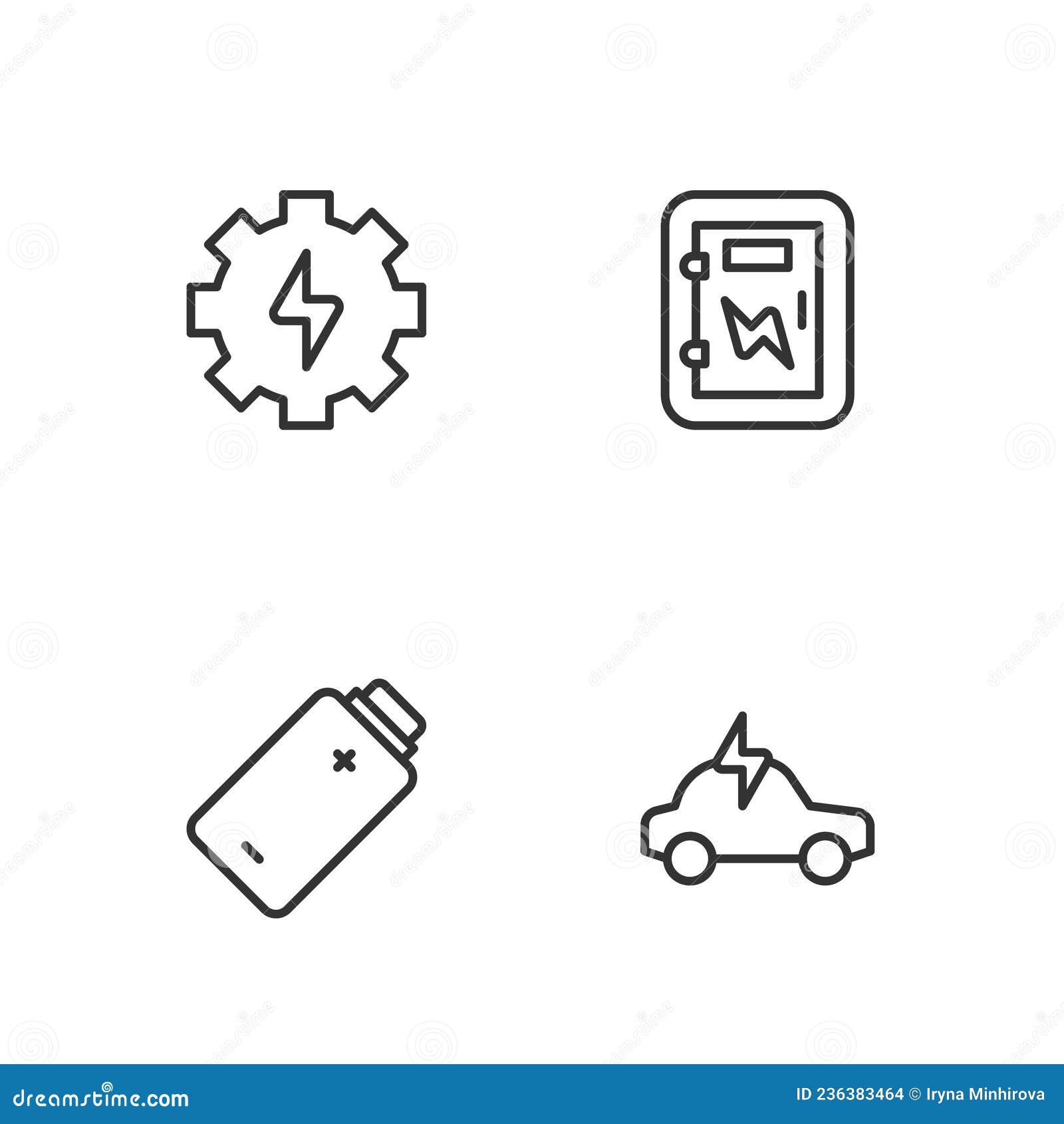 Set Line Electric Car, Battery Charge, Gear and Lightning and