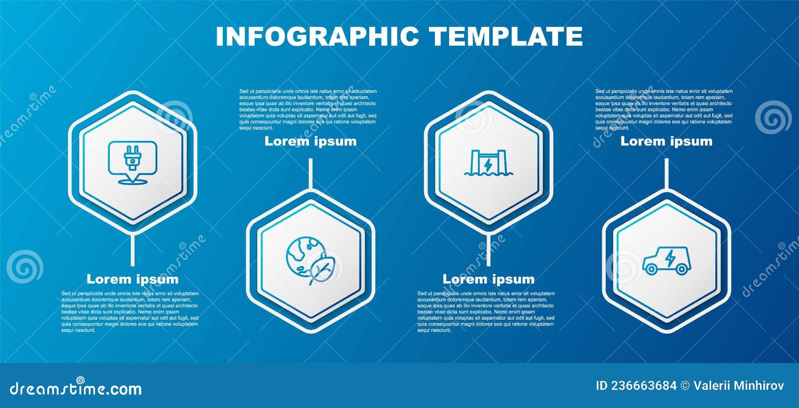 set line electric plug, earth globe and leaf, hydroelectric dam and car. business infographic template. 