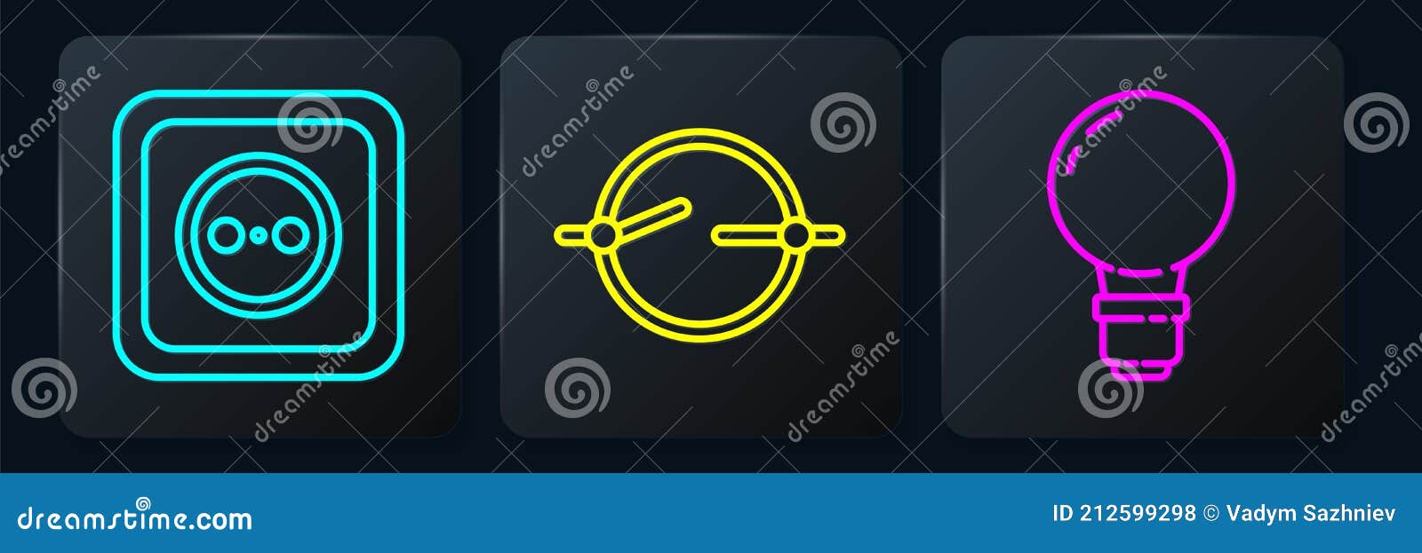 Set Line Electrical Outlet, Light Bulb with Concept of Idea and Electric Circuit Scheme. Black