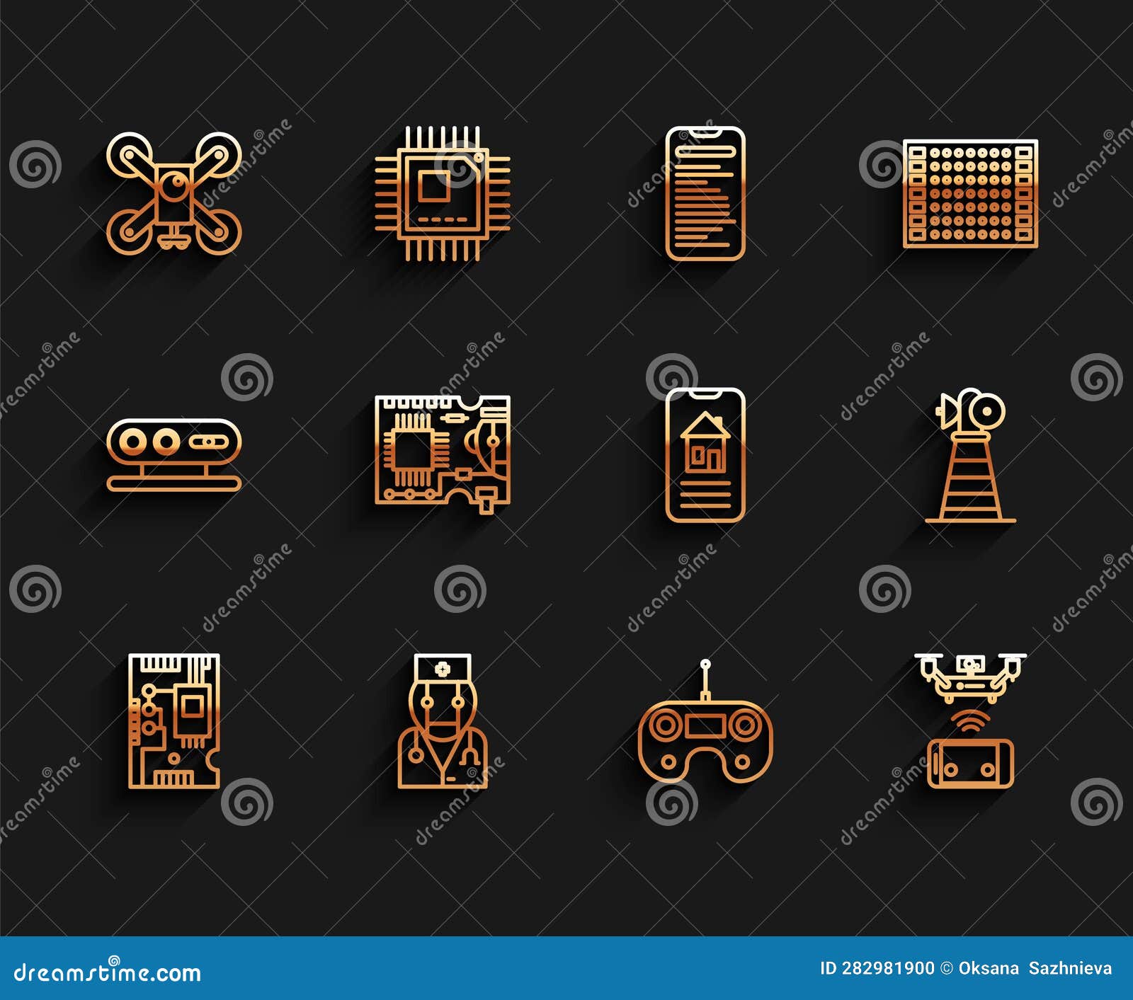set line electronic computer components motherboard digital chip, robot doctor, drone flying with action camera, remote