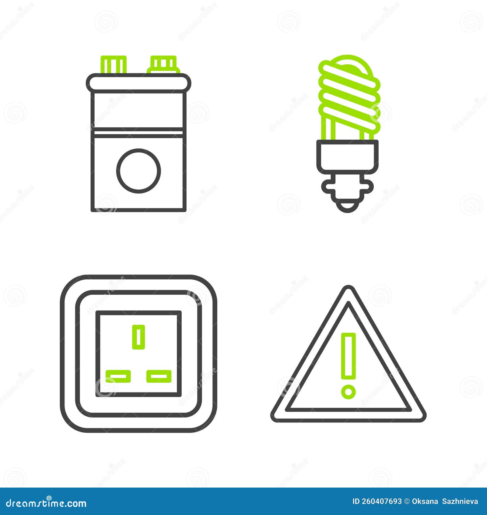 Set Line Exclamation Mark in Triangle, Electrical Outlet, LED Light