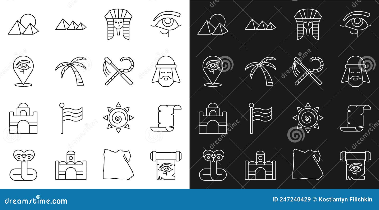 set line eye of horus on papyrus scroll, papyrus, egyptian man, pharaoh, tropical palm tree, pyramids and crook and