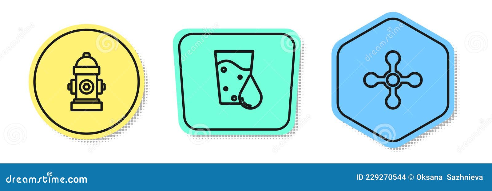 Set Line Fire Hydrant, Glass with Water and Water Tap. Colored Shapes