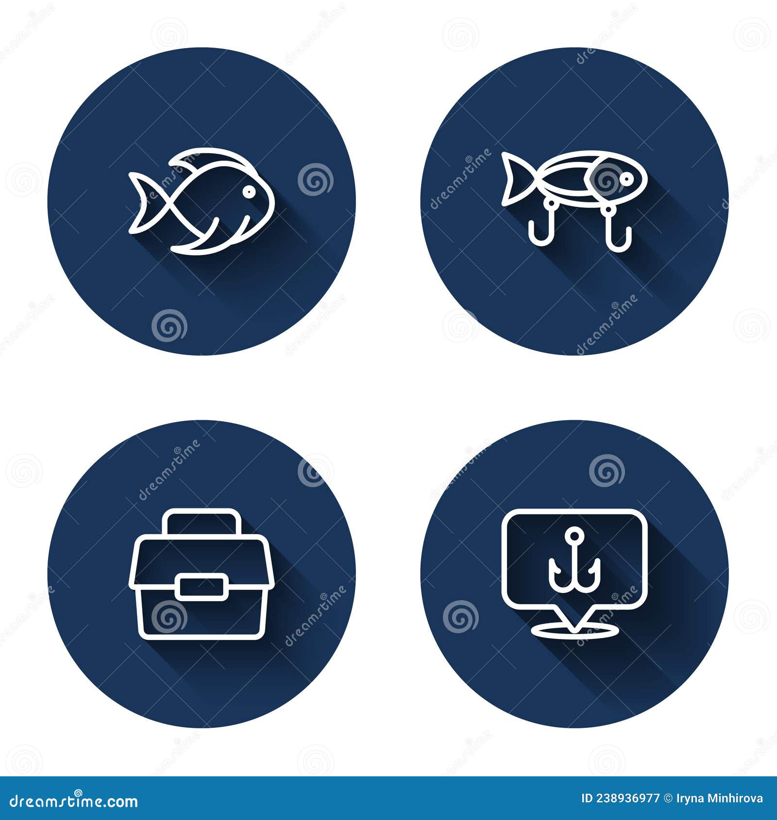 Set Line Fish, Fishing Lure, Case or Box for Fishing and Hook with Long  Shadow. Blue Circle Button. Vector Stock Vector - Illustration of tropical,  circle: 238936977