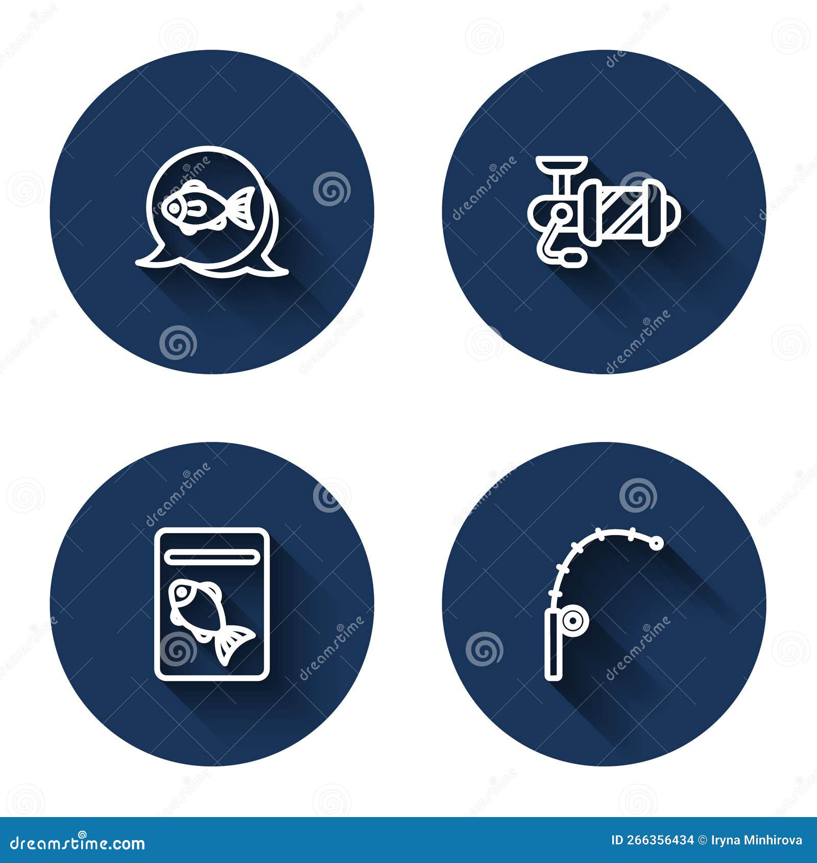 Set Line Fish, Spinning Reel for Fishing, Served on Plate and Fishing Rod  with Long Shadow. Blue Circle Button. Vector Stock Vector - Illustration of  icon, aquarium: 266356434