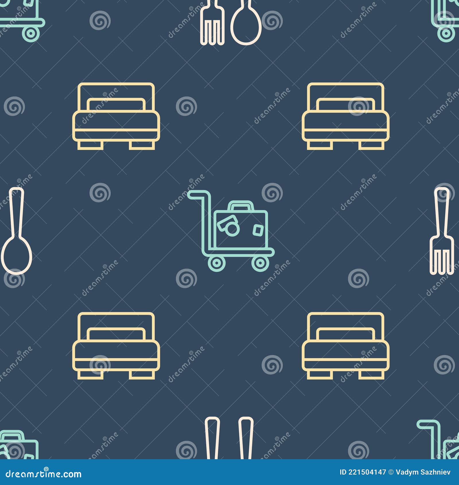 Set Line Fork and Spoon, Hotel Room Bed and Suitcase on Seamless Pattern. Vector Stock Vector