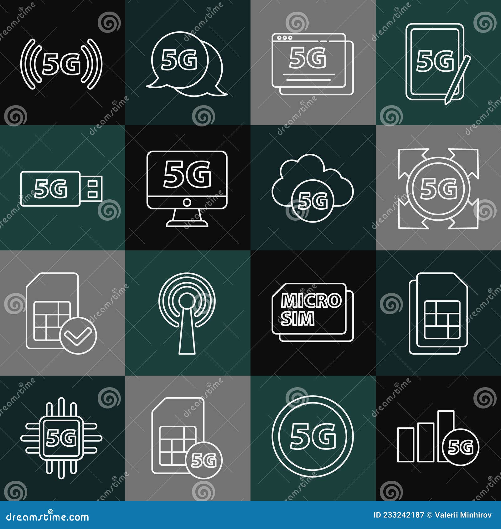 Set Line 5G Network, Sim Card, Monitor with, Modem, and Cloud Icon