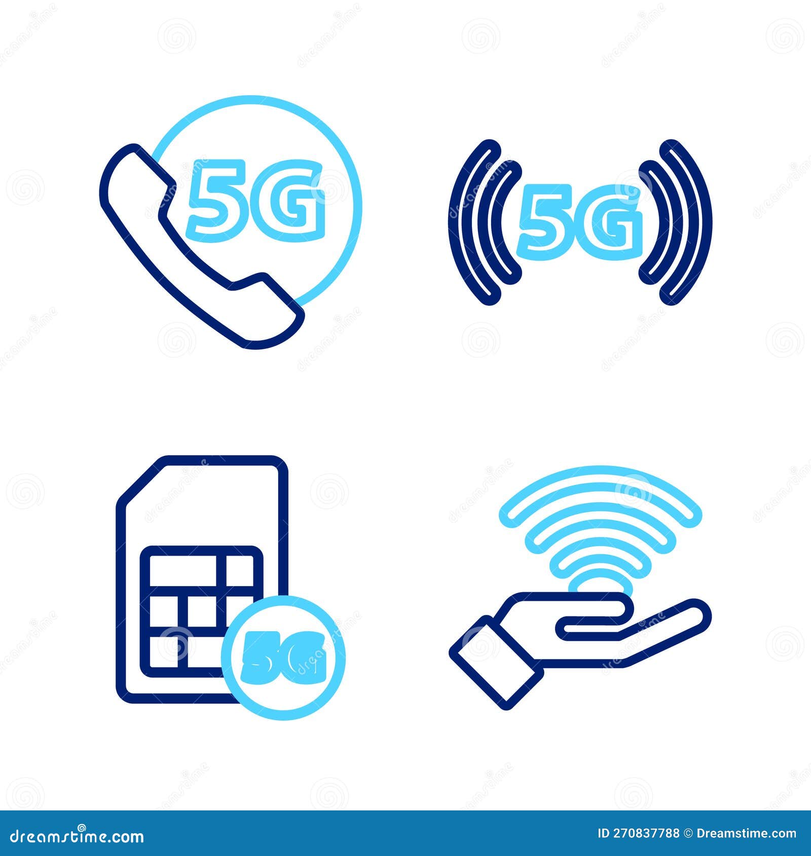 Set Line 5G Network, Sim Card, and Phone with Icon. Vector Stock Vector