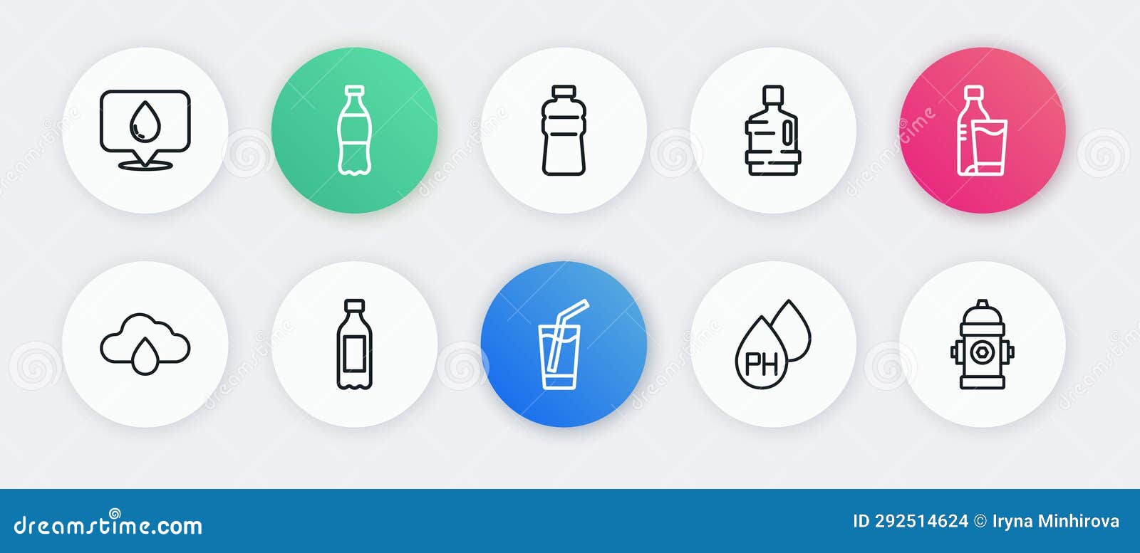 Set Line Glass with Water, Bottle of Glass, Cloud Rain, Water Drop, Big