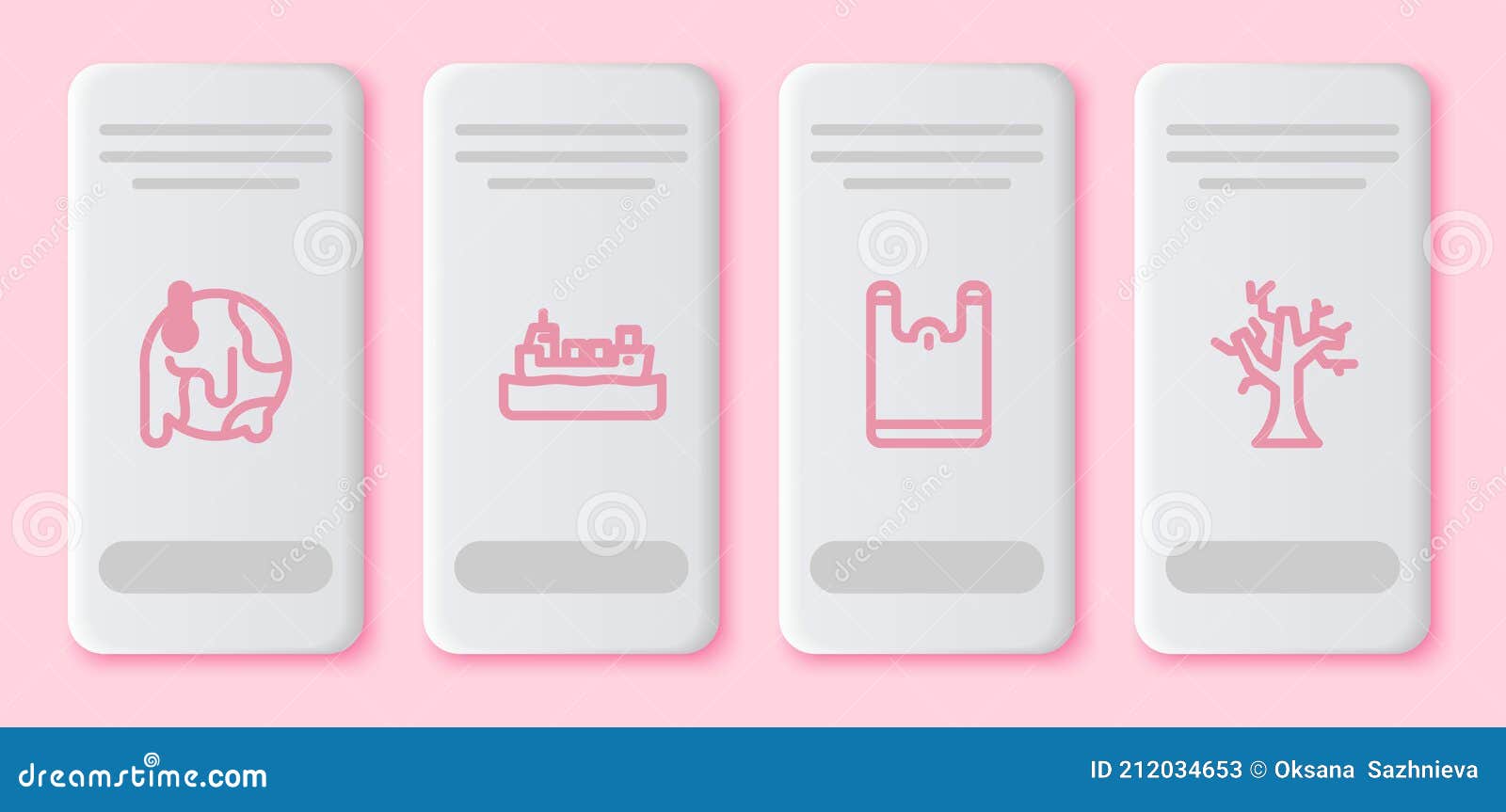 Set Line Global Warming, Oil Tanker Ship, Plastic Bag and Withered Tree. White Rectangle Button