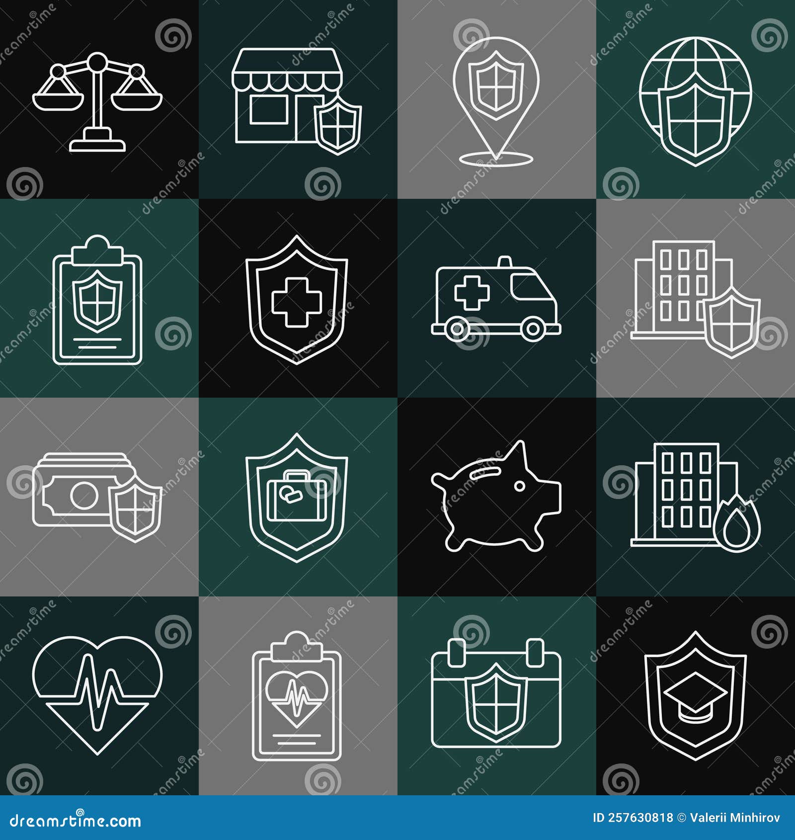 Set Line Graduation Cap with Shield, Fire in Burning House, House