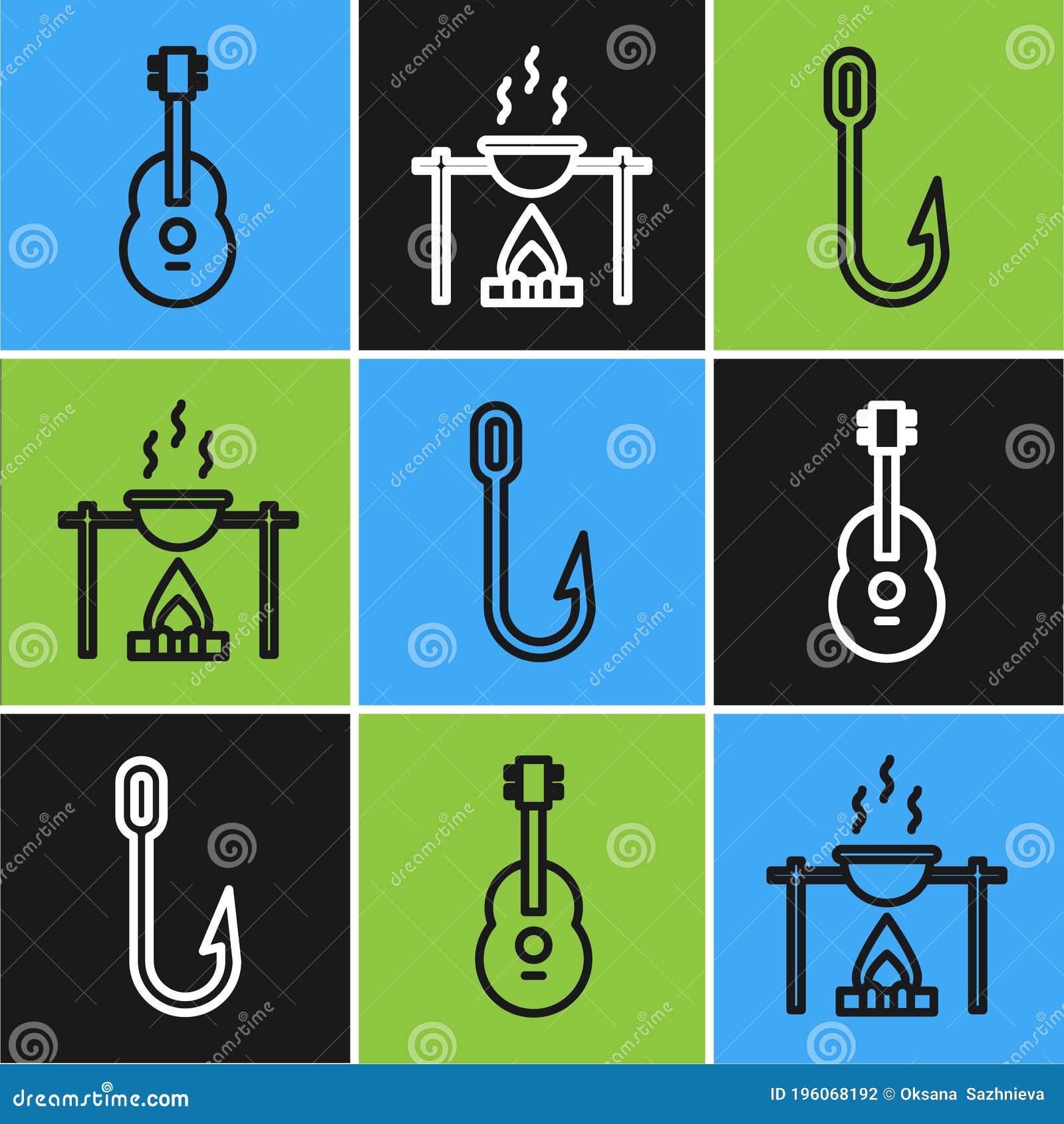Set Line Campfire and Pot, Fishing Hook with Fish, Net, Float, Case or Box  for Fishing and Hand Ice Drill Icon. Vector Stock Vector - Illustration of  container, hobby: 288534761