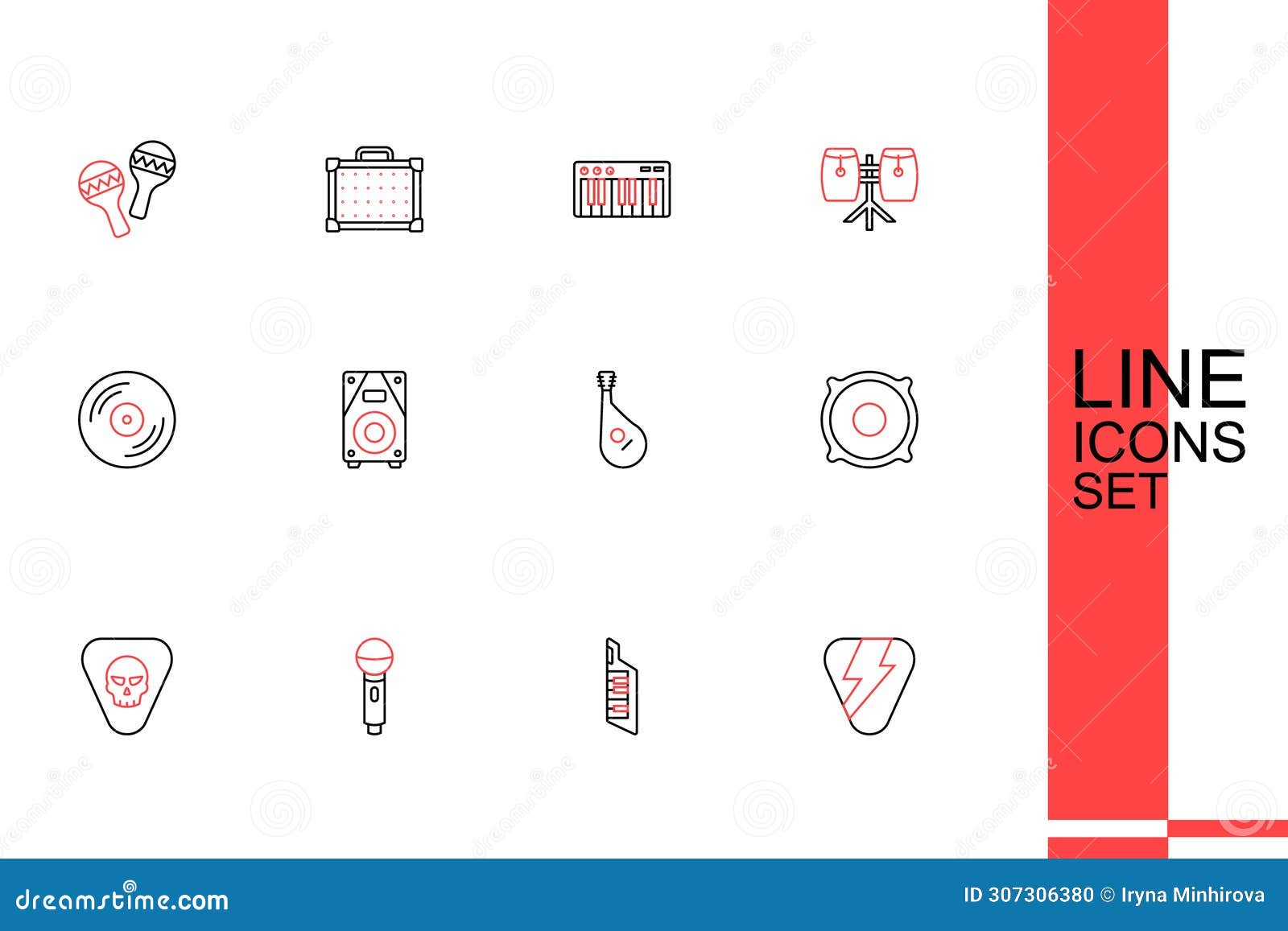 set line guitar pick, keytar, microphone, stereo speaker, bandura, and vinyl disk icon. 