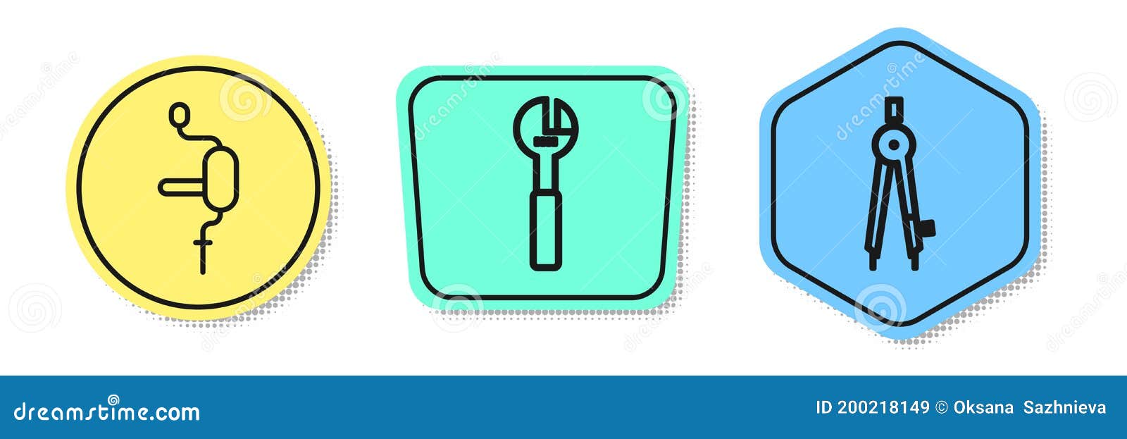 set line hand drill, adjustable wrench and drawing compass. colored s. 