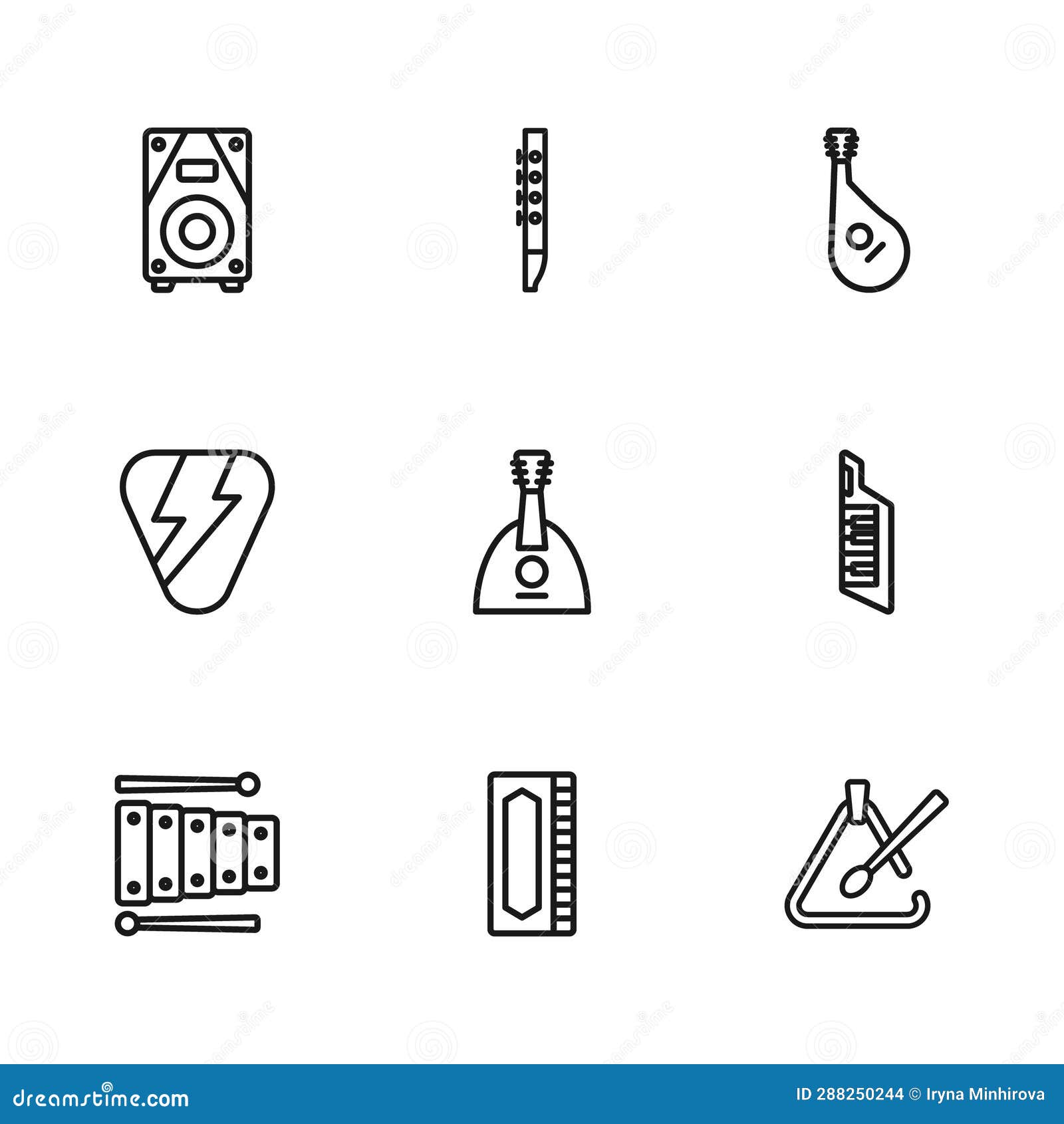 set line harmonica, keytar, triangle musical instrument, balalaika, bandura, stereo speaker, flute and guitar pick icon